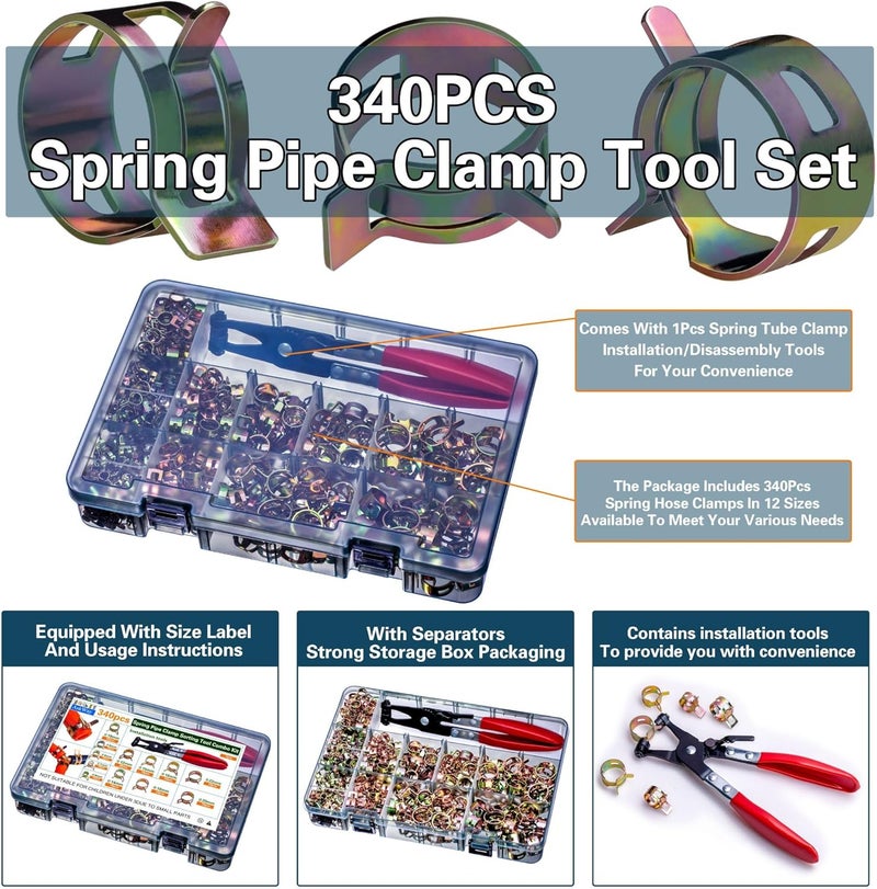 AskWay Spring Pipe Clamps340PCS, With Spring Pipe Clamp Tools, 12 Sizes 6-22mm Spring Hose Clamps, Used To Fix Hose Interfaces In Automotive, Marine, Gardening, Industrial Applications - Image 2